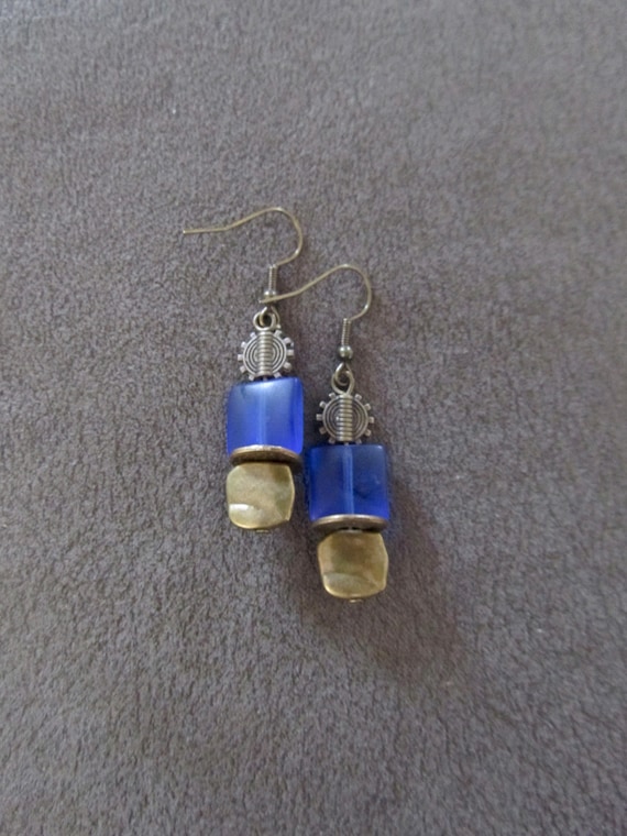 Royal blue frosted glass and bronze earrings