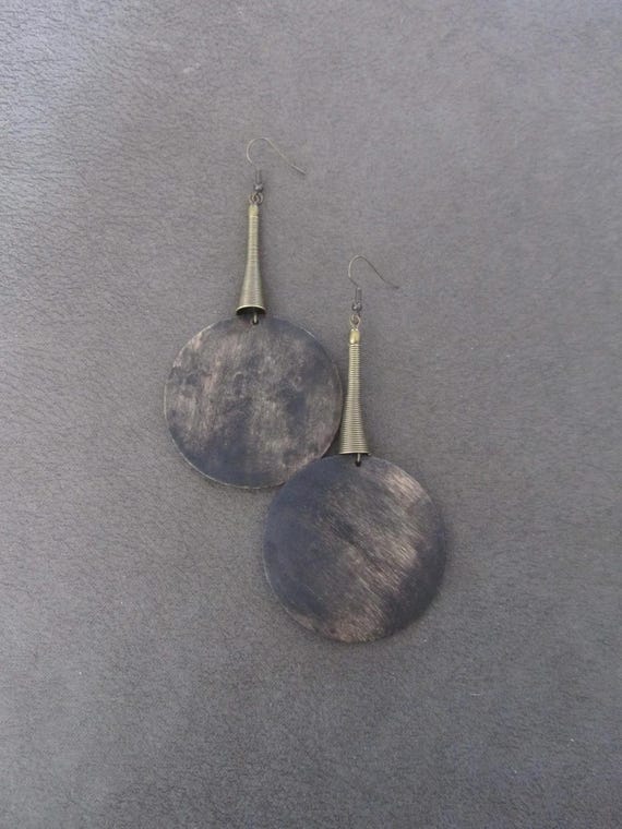 Large Stained Wood Earrings: Antique Bronze Afrocentric Boho Style 2