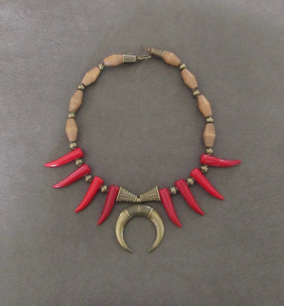 Statement necklace, red howlite necklace, chunky necklace, rustic necklace, ethnic necklace, primitive tribal necklace, bold necklace
