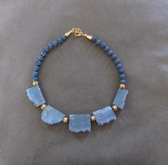 Electroplated slab stone statement necklace, chunky teal necklace