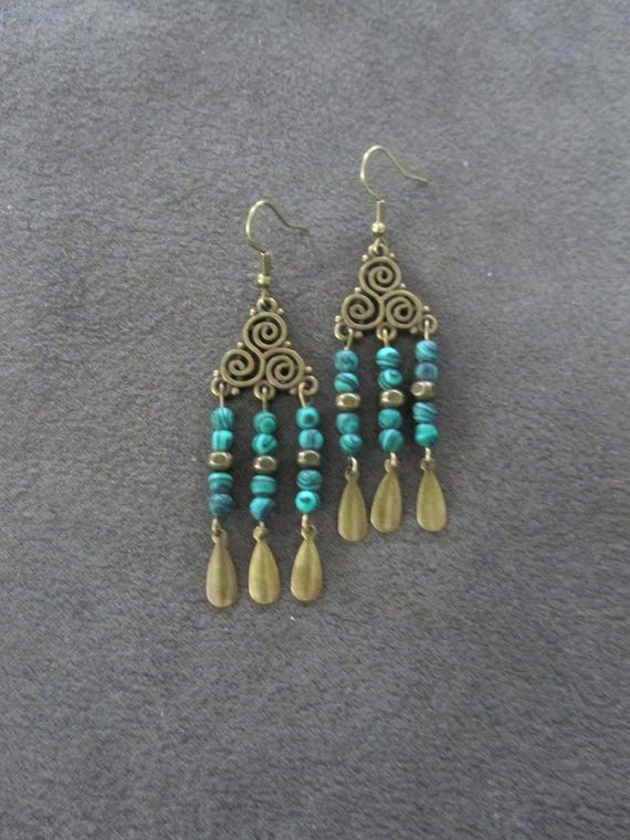 Malachite and bronze ethnic chandelier earrings
