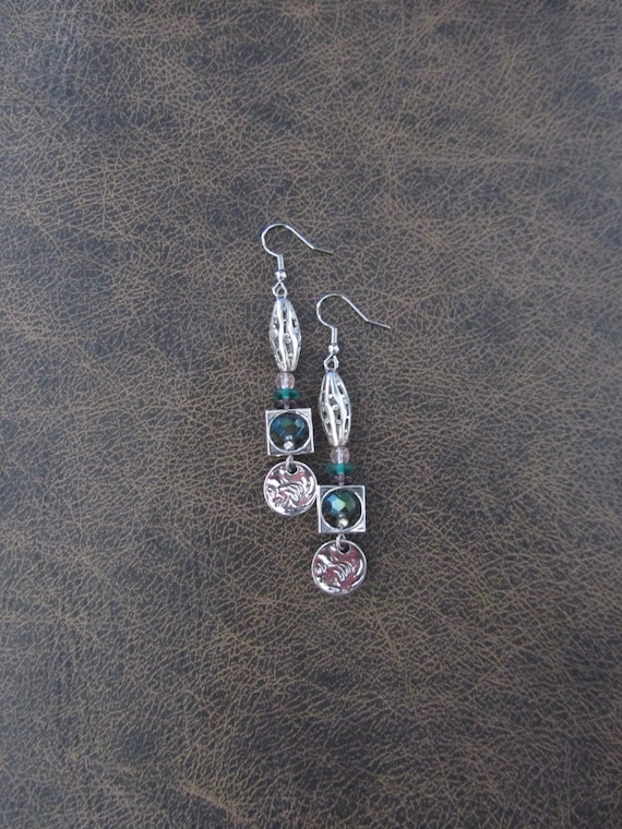 Silver and green crystal earrings