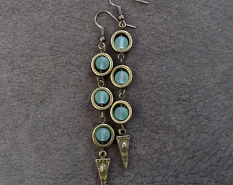 Sea green frosted glass and bronze dangle earrings