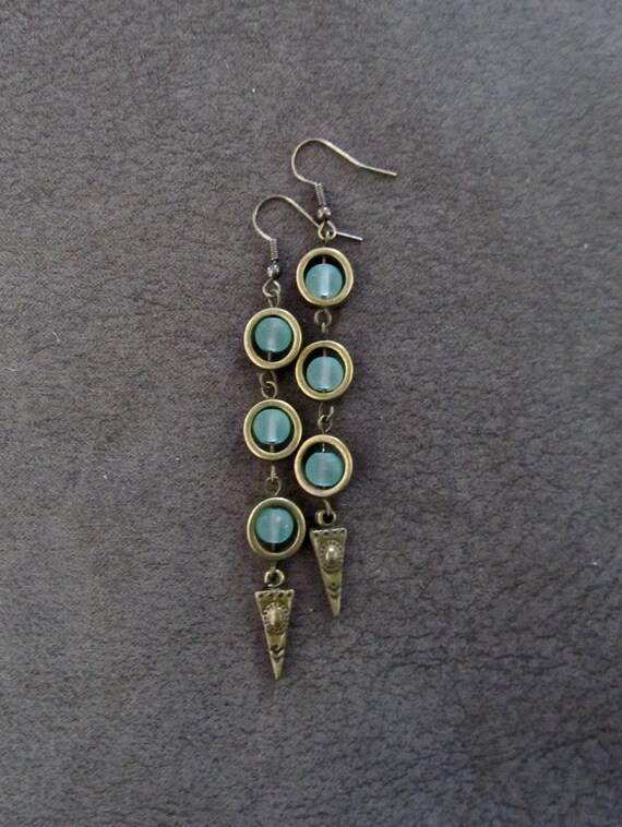 Sea green frosted glass and bronze dangle earrings