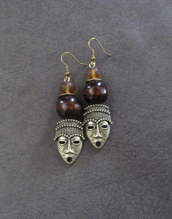 African mask earrings, tribal tiki, light matte gold, earth tones