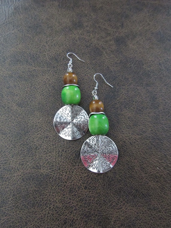 Large hammered silver and wooden earrings, green