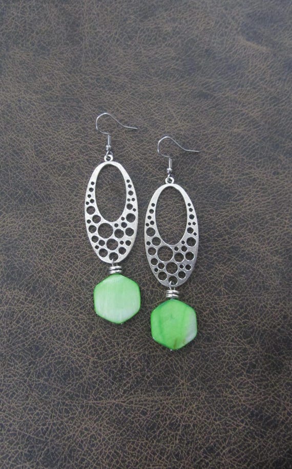 Lime green mother of pearl shell earrings