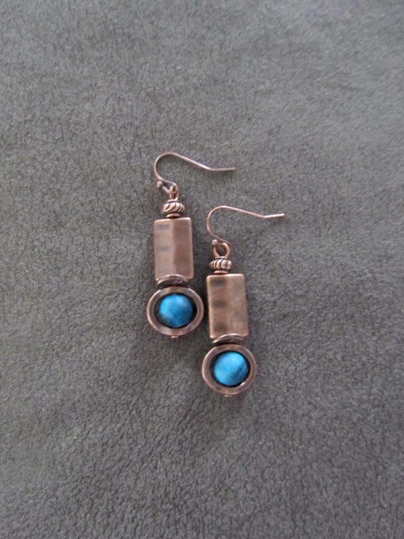 Industrial earrings, turquoise tiger's eye and copper minimalist earrings