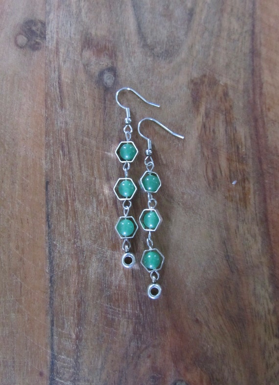 Silver and green geometric hexagon earrings