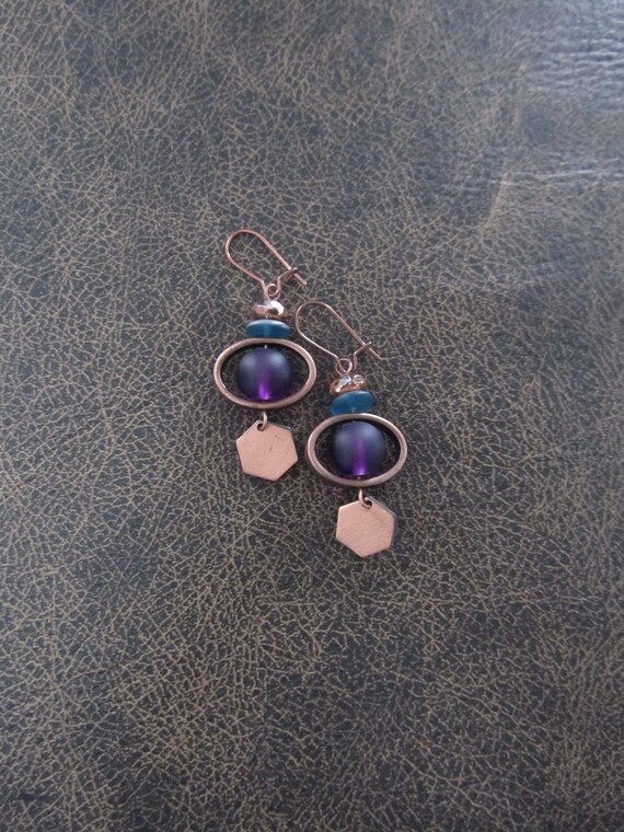 Copper and purple sea glass earrings, hexagon