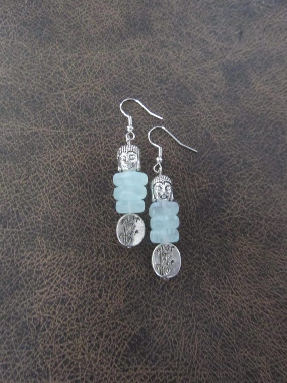 Buddha earrings, green frosted glass and silver earrings