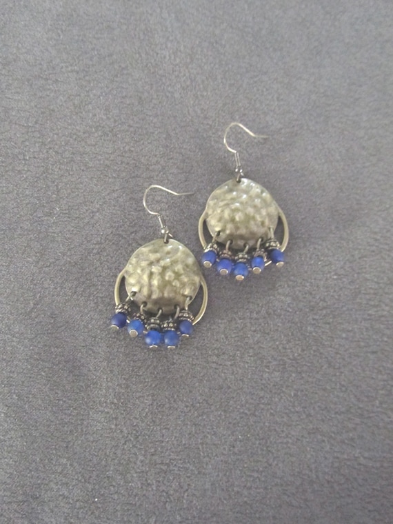 Royal blue frosted glass and hammered bronze chandelier earrings