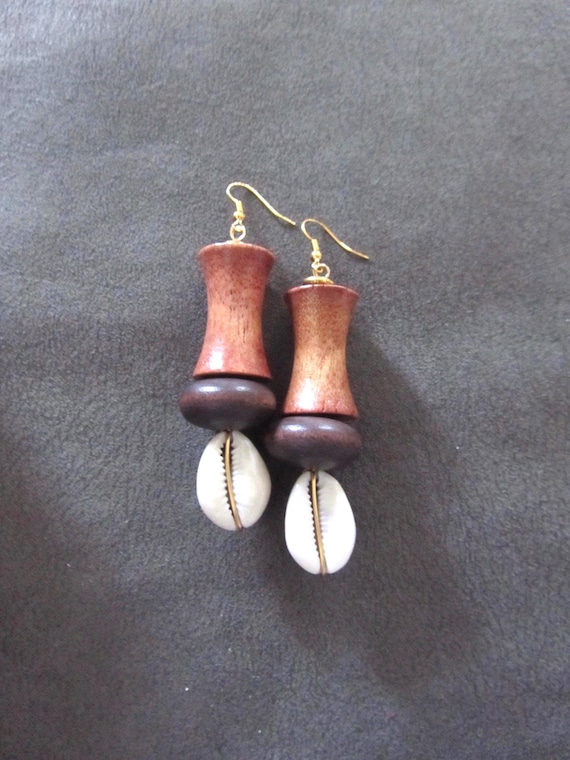 Bold chunky cowrie shell and wooden earrings