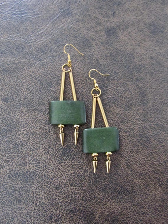 Large geometric mid century wooden earrings, green 2
