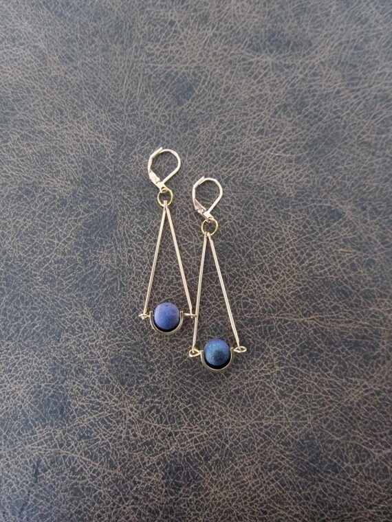 Gold pendulum earrings, rainbow agate