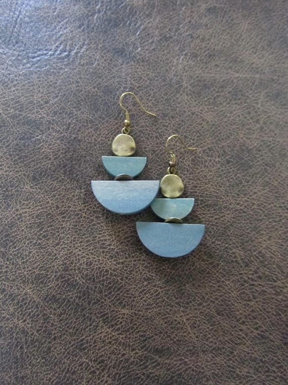 Wooden earrings, blue and bronze geometric dangle earrings, mid century modern earrings