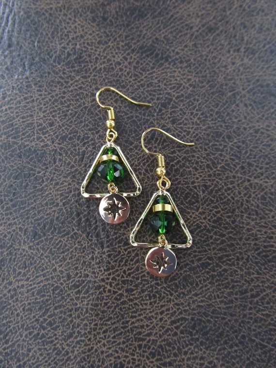 Hammered brass and crystal triangle earrings, green
