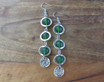 Long green earrings, bohemian earrings, beach earrings, frosted glass earrings, geometric earrings