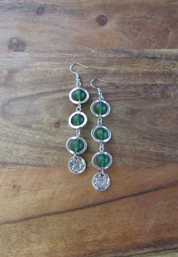 Long green earrings, bohemian earrings, beach earrings, frosted glass earrings, geometric earrings