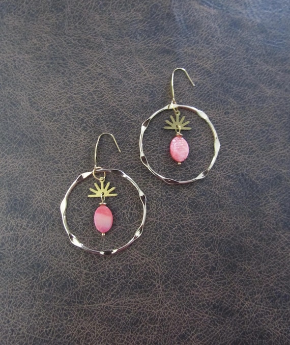 Simple gold and mother of pearl shell hoop earrings