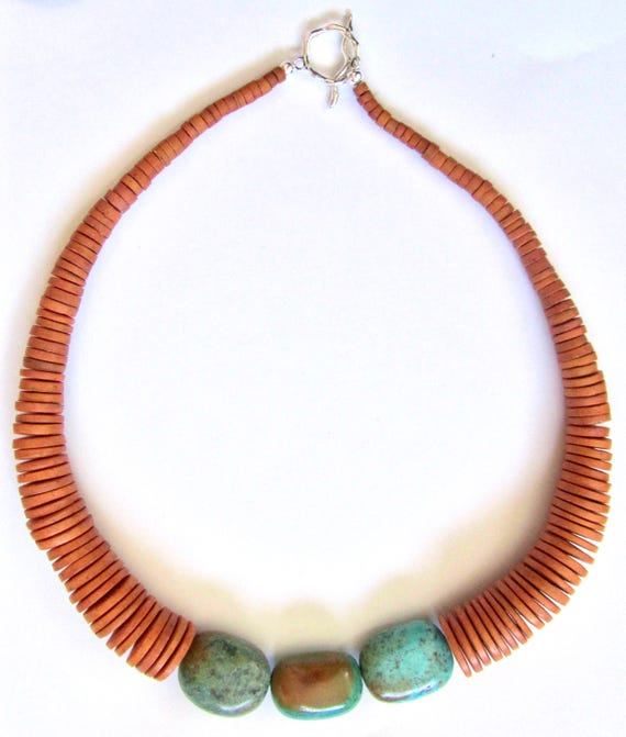 Genuine turquoise and orange wood beaded necklace