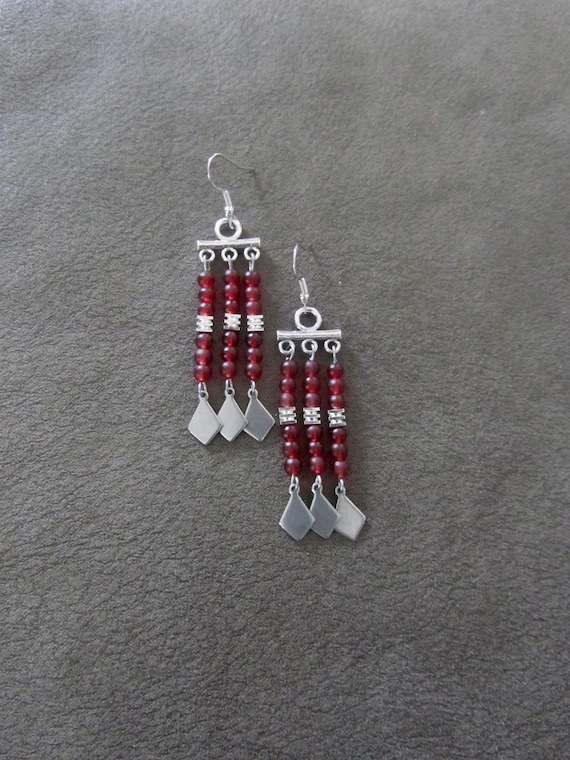 Red frosted glass chandelier earrings
