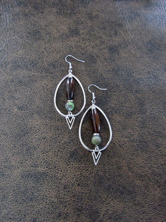 Teardrop hoop earrings, wood and jasper
