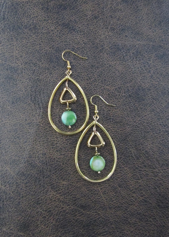 Gold and green mother of pearl shell teardrop hoop earrings