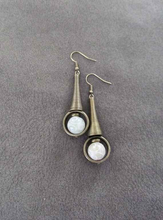 Carved Jade Bronze Earrings, Mid Century Modern Bohemian Artisan Jewelry