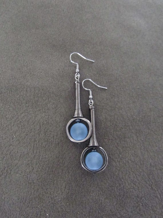 Mid century modern earrings periwinkle frosted glass and gunmetal earrings