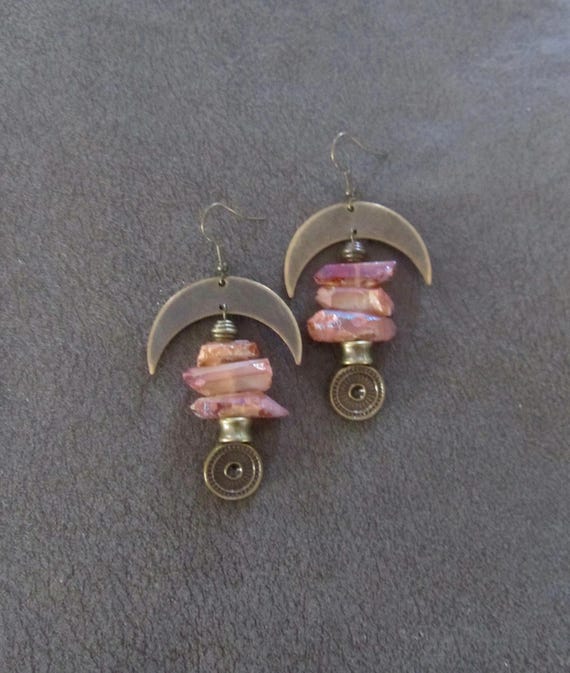 Raw quartz crystal earrings, peach