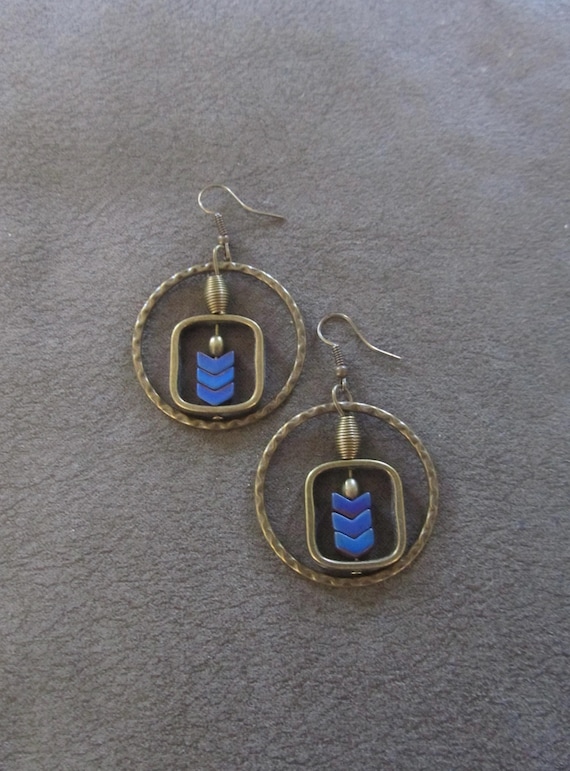 Hammered bronze hoop and royal blue geometric earrings