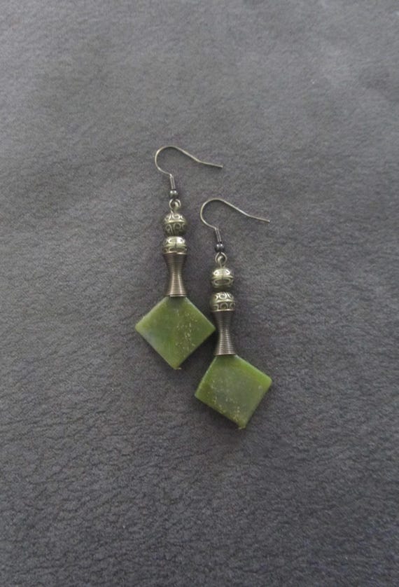 Serpentine green stone earrings, antique bronze