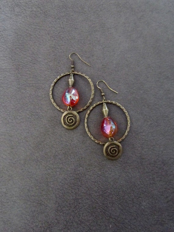 Bronze and orange glass hoop earrings
