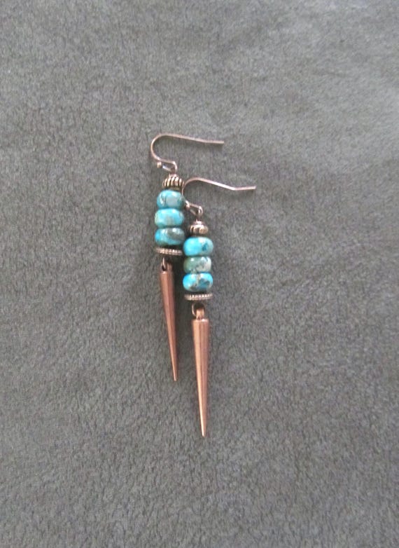 Unique spike and turquoise stone earrings copper