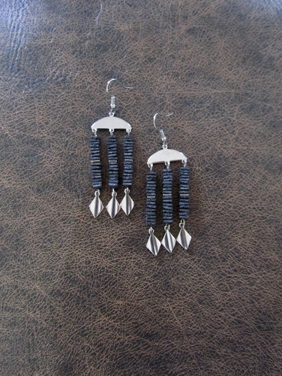 Unique lava rock and silver chandelier earrings