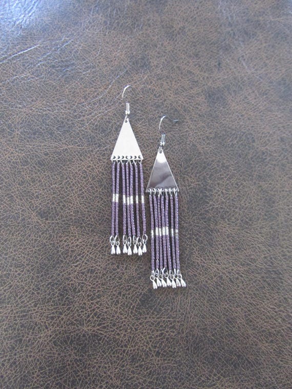 Long seed bead chandelier earrings, purple