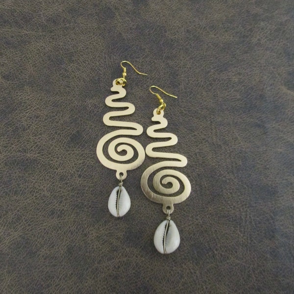 Huge cowrie shell earrings, Brutalist gold African earrings, mid century modern earrings, unique earrings, Afrocentric earrings