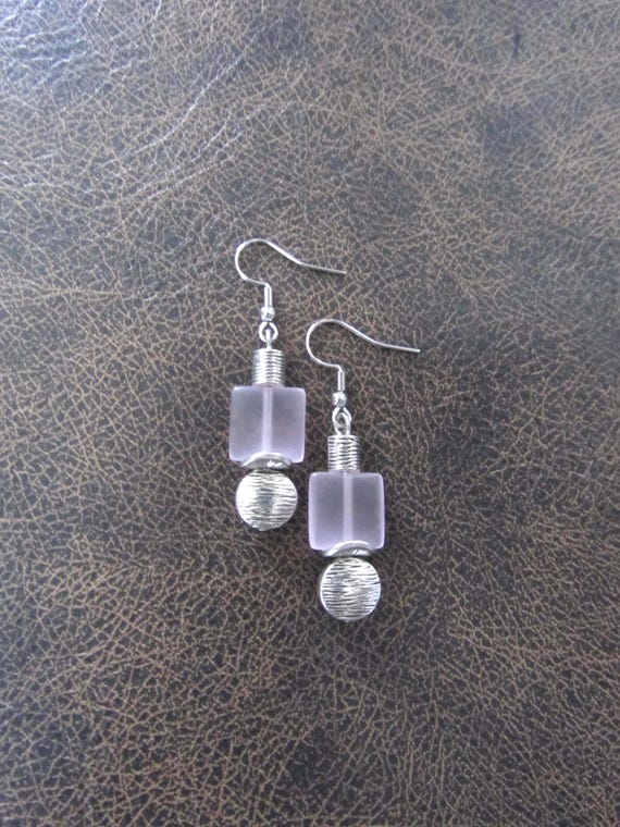 Silver and pink frosted glass earrings
