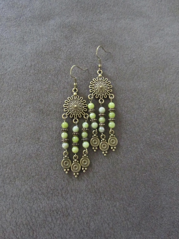 Jadeite and bronze bohemian chandelier earrings