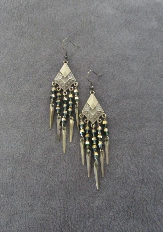 Bronze and green crystal chandelier earrings