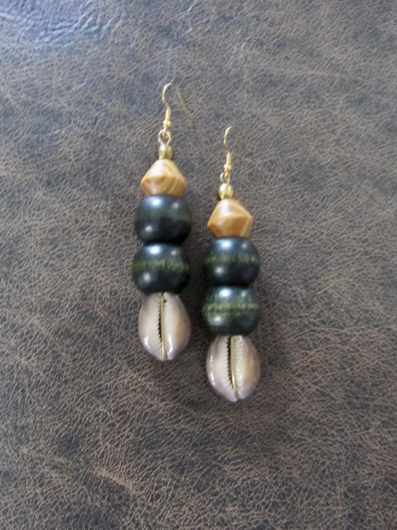 Bold chunky cowrie shell and wooden earrings