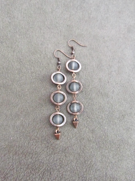 Long gray frosted glass  and copper earrings