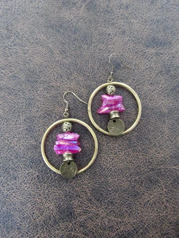 Raw quartz crystal and bronze hoop earrings, geode natural bohemian