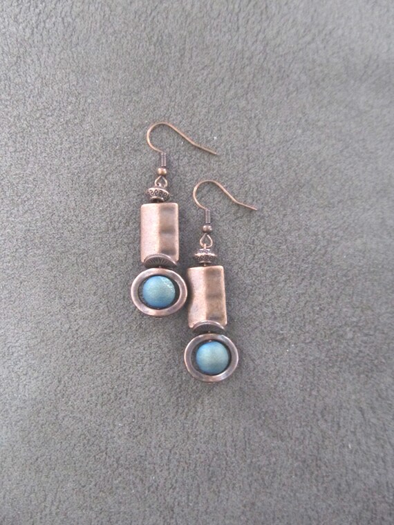 Industrial earrings, teal druzy agate and copper minimalist earrings