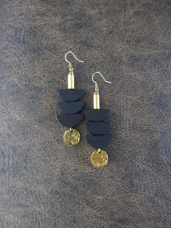 Black wooden earrings, mid century modern earrings, unique pagoda earrings, gold