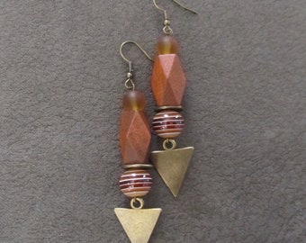 Geometric wooden earrings, bronze dangle earrings, Afrocentric jewelry, African earrings, orange earrings, mid century modern earrings 2