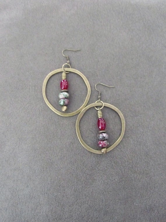 Antique bronze and jasper hoop earrings