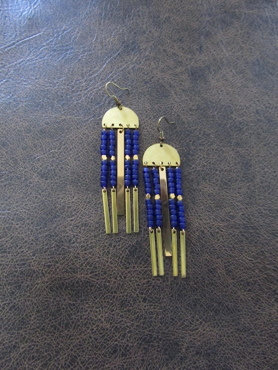 Blue seed bead and brass earrings