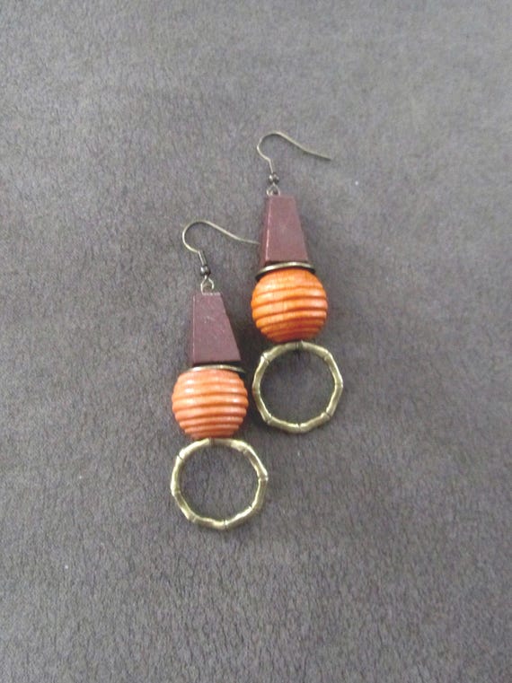 Bold wooden Afrocentric geometric earrings, orange